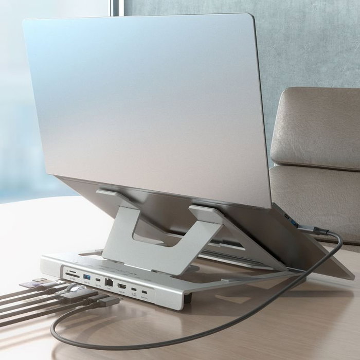 Aisens ASUC-7P045-GR Soporte Ajustable Portátil Tablet con Docking USB-C 7 en 1 HDMI RJ45 Lector Tarjetas Gris